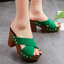 Summer Women Sandals Square High Heel Platform Flock Casual Rivet Pumps Peep Toe Female Elegant Ladies Shoes Zapatos De Mujer