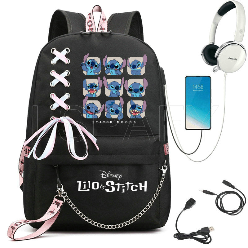 Disney Kawaii Stitch Bag Zipper USB Charging Mochila Capacity Backpack Women Kpop School Bags for Teenage Girls Students
