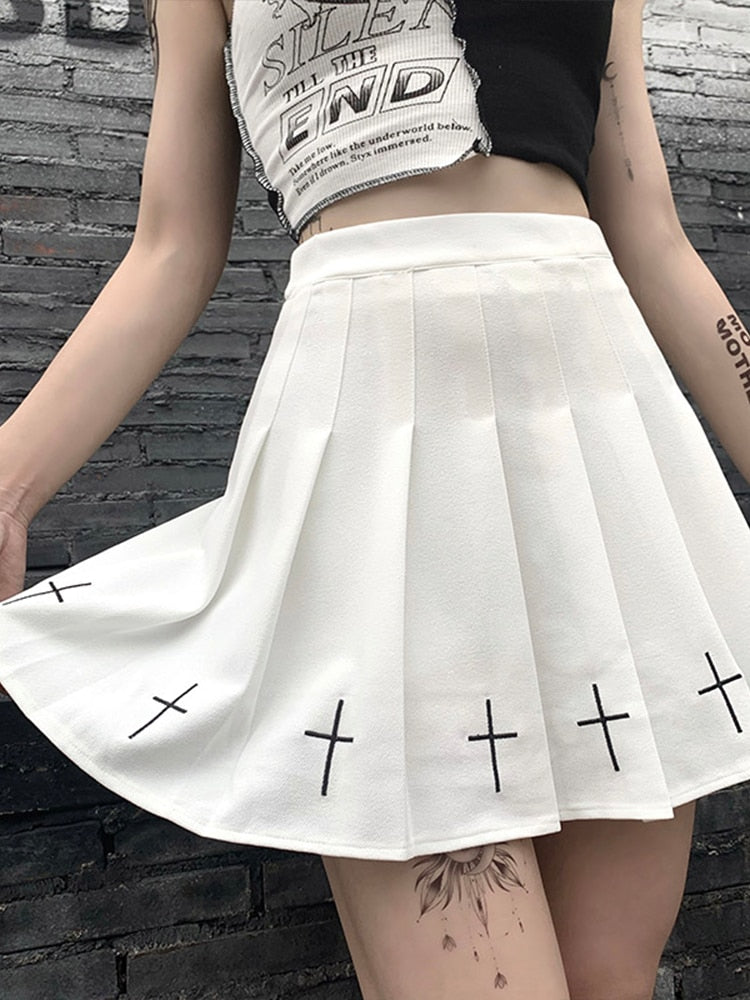InsGoth High Waist Mini Black Skirts Gothic Streetwear Cross Print Pleated Women Skirts Emo Fairy Grunge Lolita Harajuku Skirt