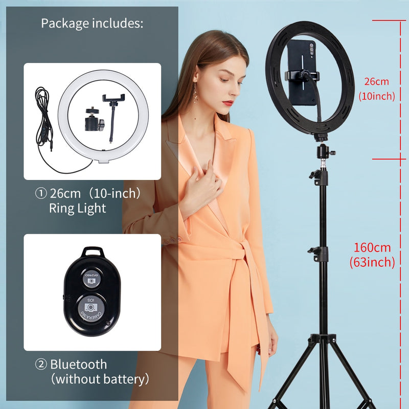 10&quot; Selfie Ring Light With Tripod Professional Photography Circle Ring Lamp Phone Holder Dimmable Ringlight For Youtube Makeup