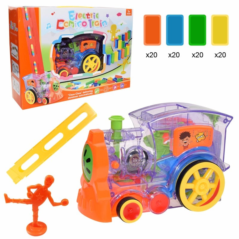 Juego de coches de tren de dominó para niños, luz de sonido, colocación automática de dominó, bloques de dominó coloridos, juego educativo, juguete para regalo DIY