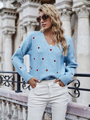 Fitshinling V Neck Embroidery Heart Sweater Women Pullover Knitwear Korean Style Kawaii Jumper Winter Casual Sweaters Tops Sale