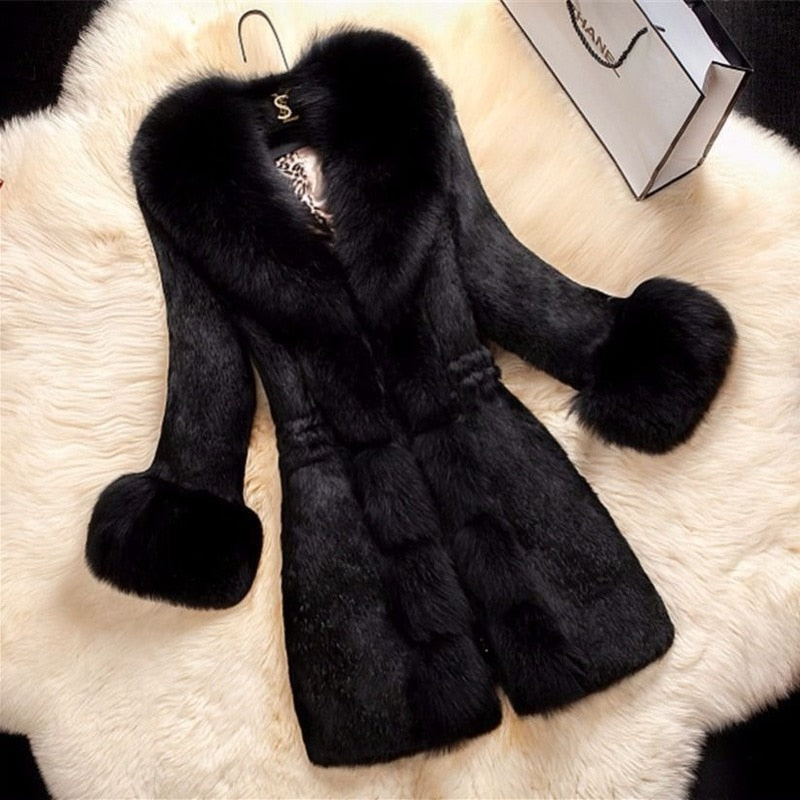 El nuevo cuello de zorro grueso para mujer de mediana edad mantiene el abrigo cálido abrigo largo de piel sintética abrigos y chaquetas para mujer