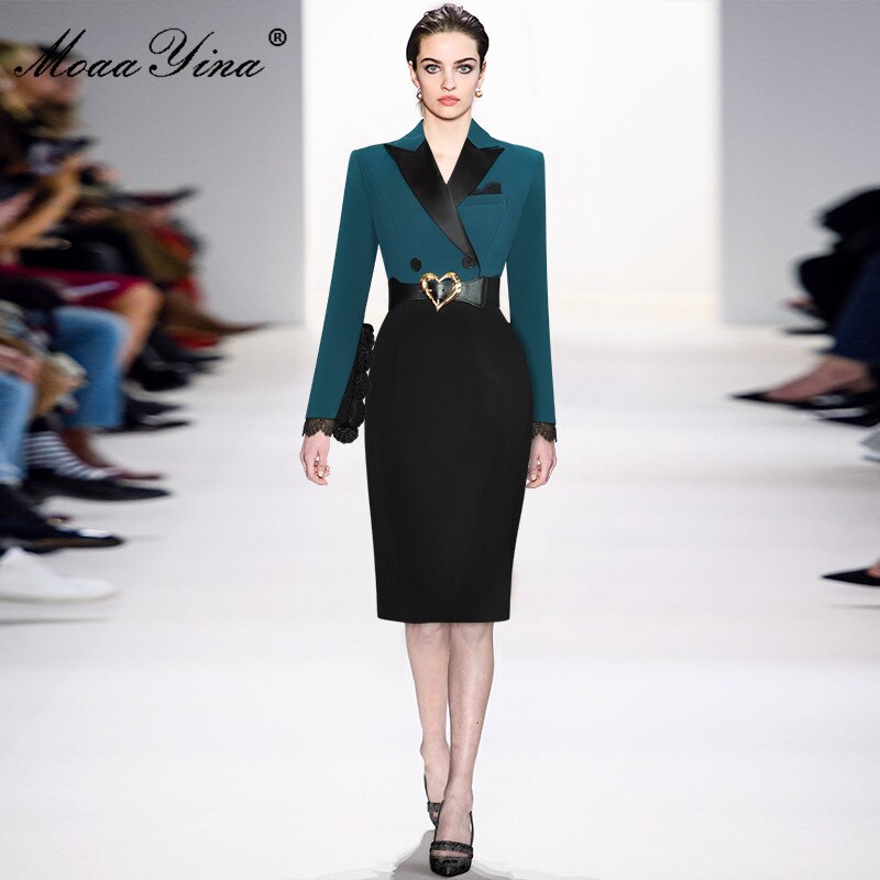 MoaaYina Fashion Runway dress Spring Women Dress Notched collar Long sleeve Lace Belte Patchwork Office Lady Slim Dresses