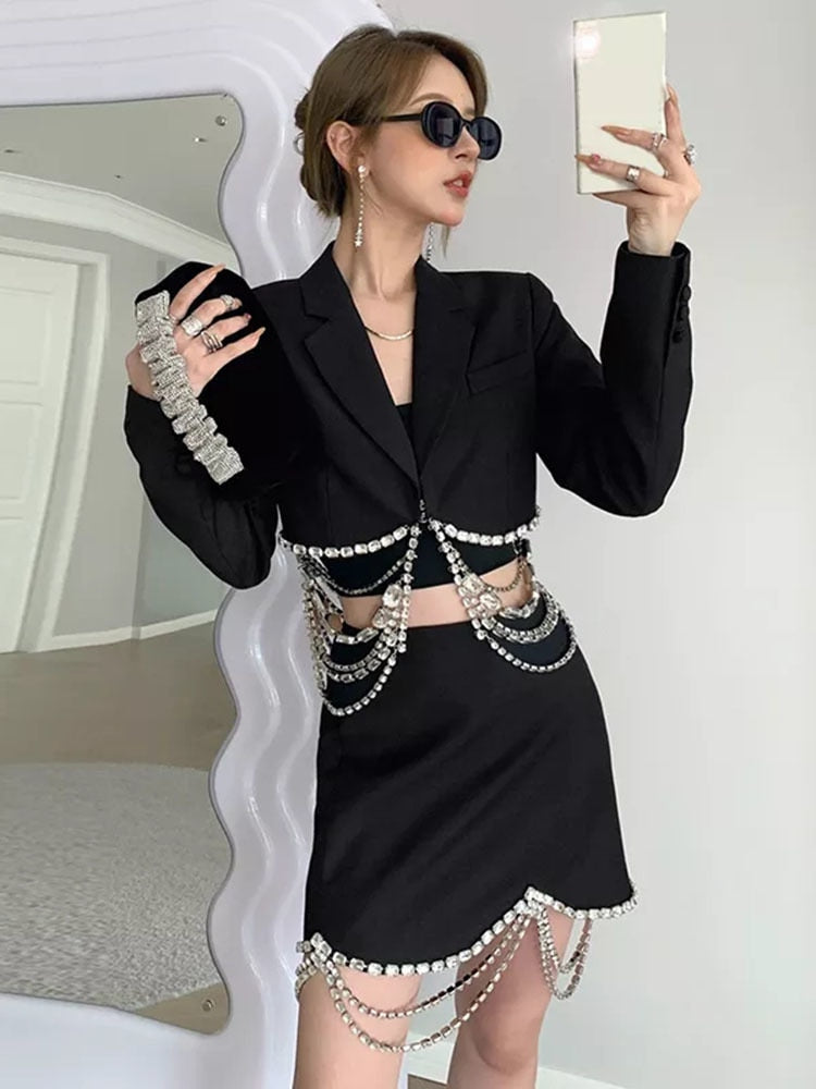 TWOTWINSTYLE Casual Patchwork Chain Two Piece Set Women Notched Long Sleeve Blazer Temperament Skirts Women's Set Spring Style