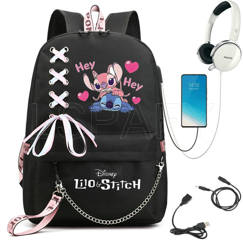 Disney Kawaii Stitch Bag Zipper USB Charging Mochila Capacity Backpack Women Kpop School Bags for Teenage Girls Students