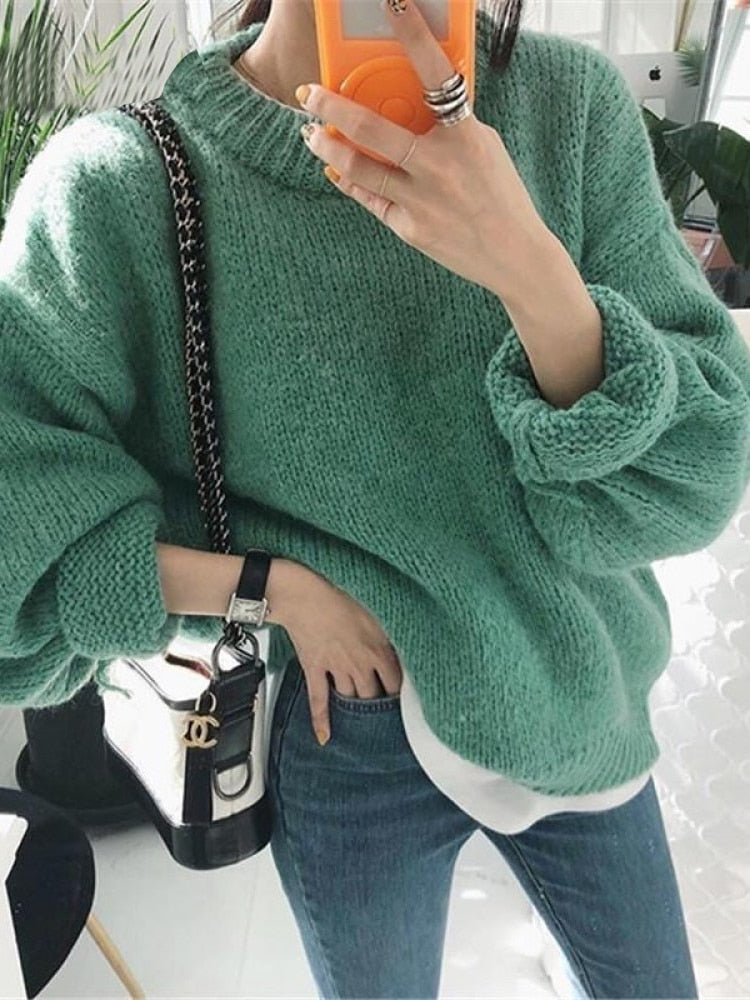 Aachoae suéter mujer 2021 Otoño Invierno sólido cuello redondo suéteres estilo coreano tejido manga larga jerséis Casual Tops