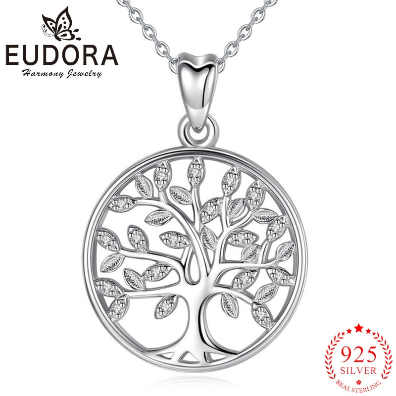 EUDORA 100% 925 Sterling Silver Tree of Life Pendant Necklaces with AAA Zircon Women Fashion Jewelry Gift For Girl Birthday D170