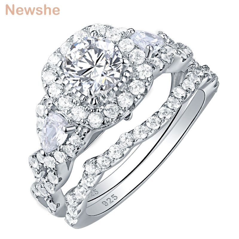 Newshe 2 Pcs Wedding Rings Set for Women 925 Sterling Silver 2.4Ct Round Pear White Cz Engagement Rings Size 4-13