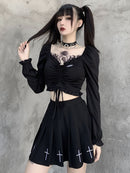 InsGoth Bandage Bodycon Long Sleeve Crop Tops Female Black V-neck Streetwear Punk Slim Tops Autumn Gothic Harajuku Top