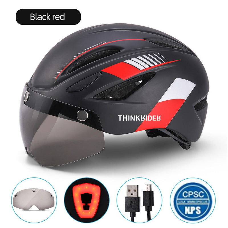 ThinkRider Cycling Helmet with Visor Magnetic Goggles and Tail lights  58-61cm for Men Women MTB Road Bicycle  Bike Helmet