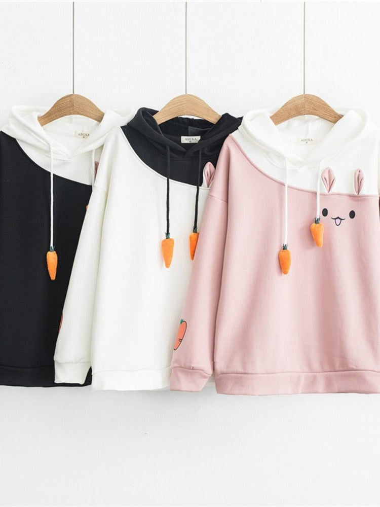 Merry Pretty Women Hoodies Animal Lovely Pullover Kawaii Rabbit Sweatshirt Cute Bunny Graphic Oberbekleidung Pink Black Hoodie Girls