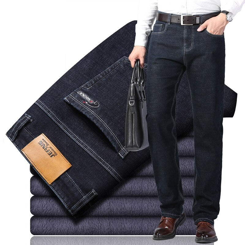 Pantalones vaqueros elásticos de franela cálidos térmicos de invierno para hombre, pantalones de lana de marca famosa de calidad, pantalones rectos flocados para hombre, pantalones vaqueros para hombre