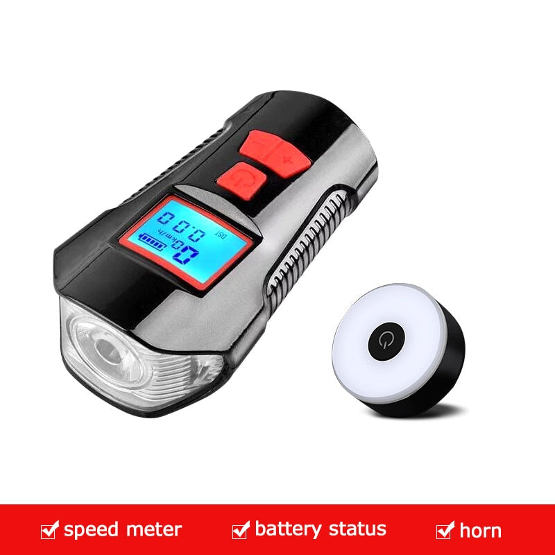 Waterproof Bicycle Light USB Charging Bike Front Light Flashlight Handlebar Cycling Head Light w/ Horn Speed Meter LCD Screen