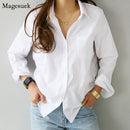 Nuevas blusas de manga larga para mujer, camisa blanca informal de algodón con botones de gran tamaño, blusa holgada con cuello vuelto para mujer 3496