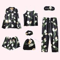 7 Pieces Womens Silk Satin Pajamas Sets Pyjamas Set Sleepwear Pijama Pajamas Suit Female Sleep Two Piece Set Loungewear