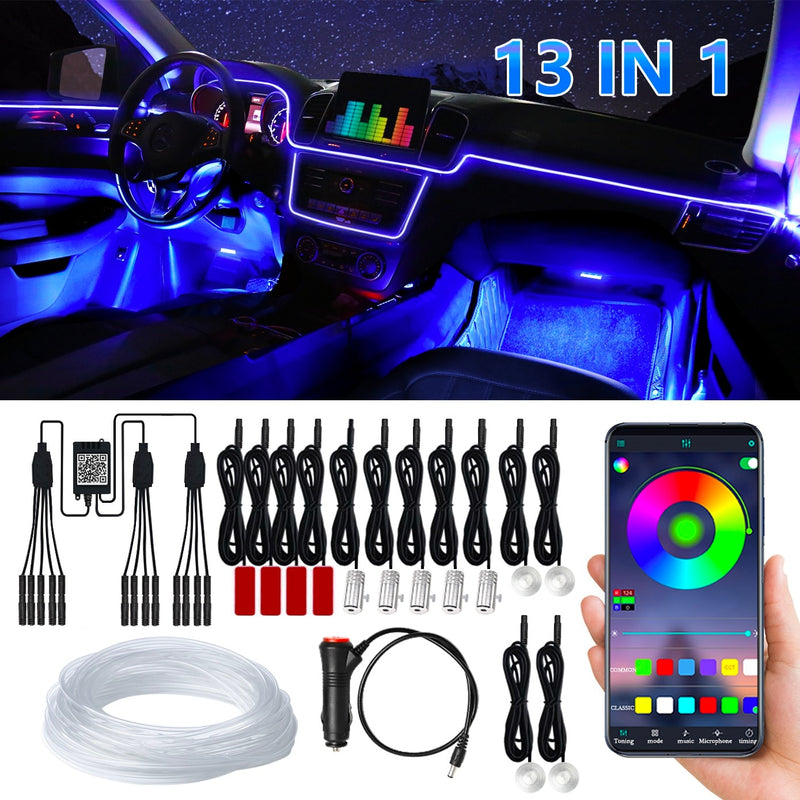 Car Atmosphere Light Ambient Interior Decoration App Sound Control Wireless RGB Neon Led Strips Auto Flexible Lamps