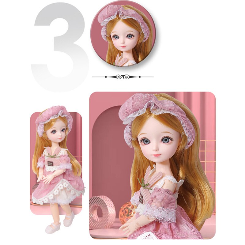 New 12 Inch 22 Movable Joints BJD Doll 31cm 1/6 Makeup Dress Up Cute Brown Blue Eyeball Dolls with Fashion Dress for Girls Toy
