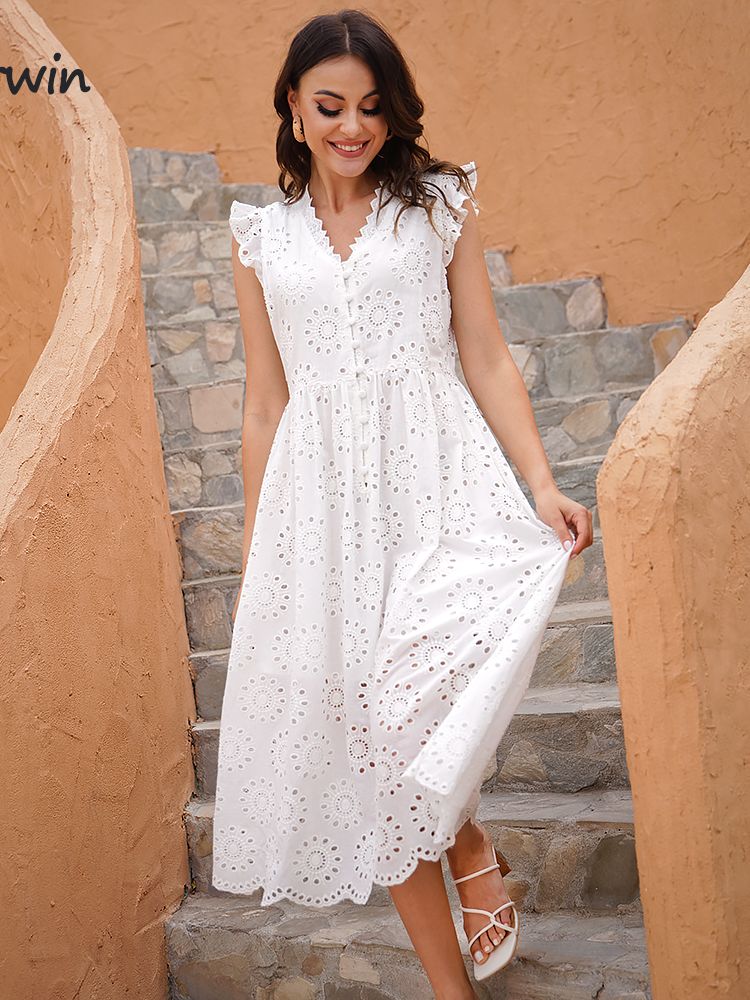 Marwin Long Simple Casual Solid Hollow Out Pure Cotton Holiday Style High Waist Fashion Mid-Calf Summer Dresses NEW Vestidos