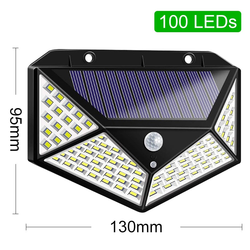 Luces solares al aire libre 100 Led brillante Sensor de movimiento luz gran angular inalámbrica impermeable IP65 luces de pared para jardín Wall Street