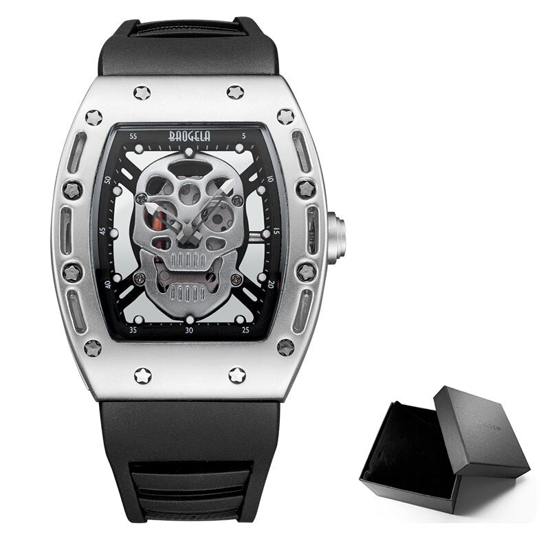 Baogela Fashion Mens Skeleton Skull Luminous Quartz Watches Military Style Black Silicone Rectangle Dial Wristwatch for Man1612