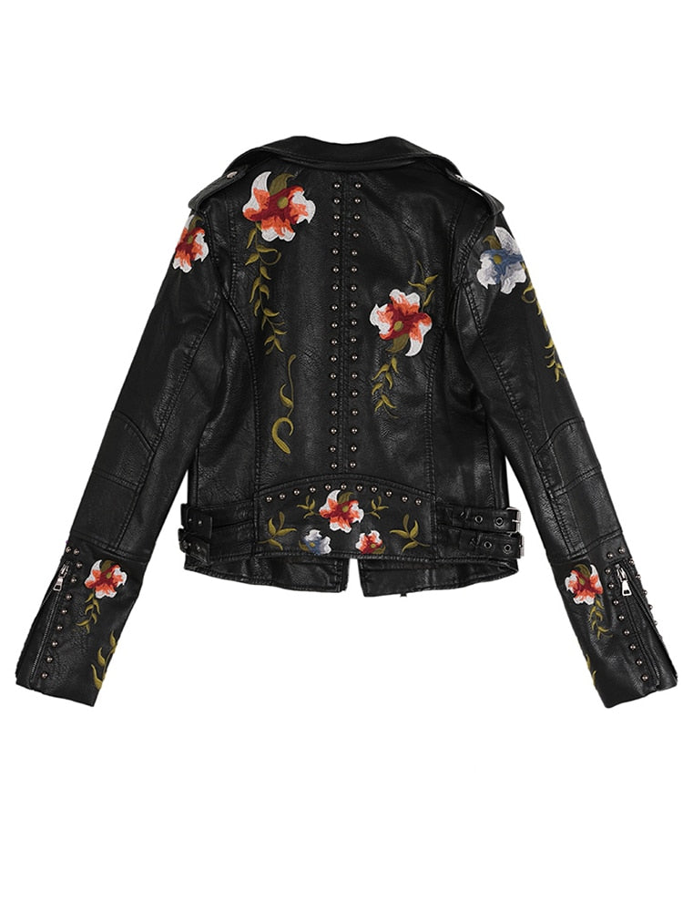 Ftlzz, chaqueta de cuero suave de imitación bordada con estampado Floral para mujer, abrigo con cuello vuelto, ropa de abrigo informal de Pu para motocicleta, prendas de vestir exteriores Punk negras