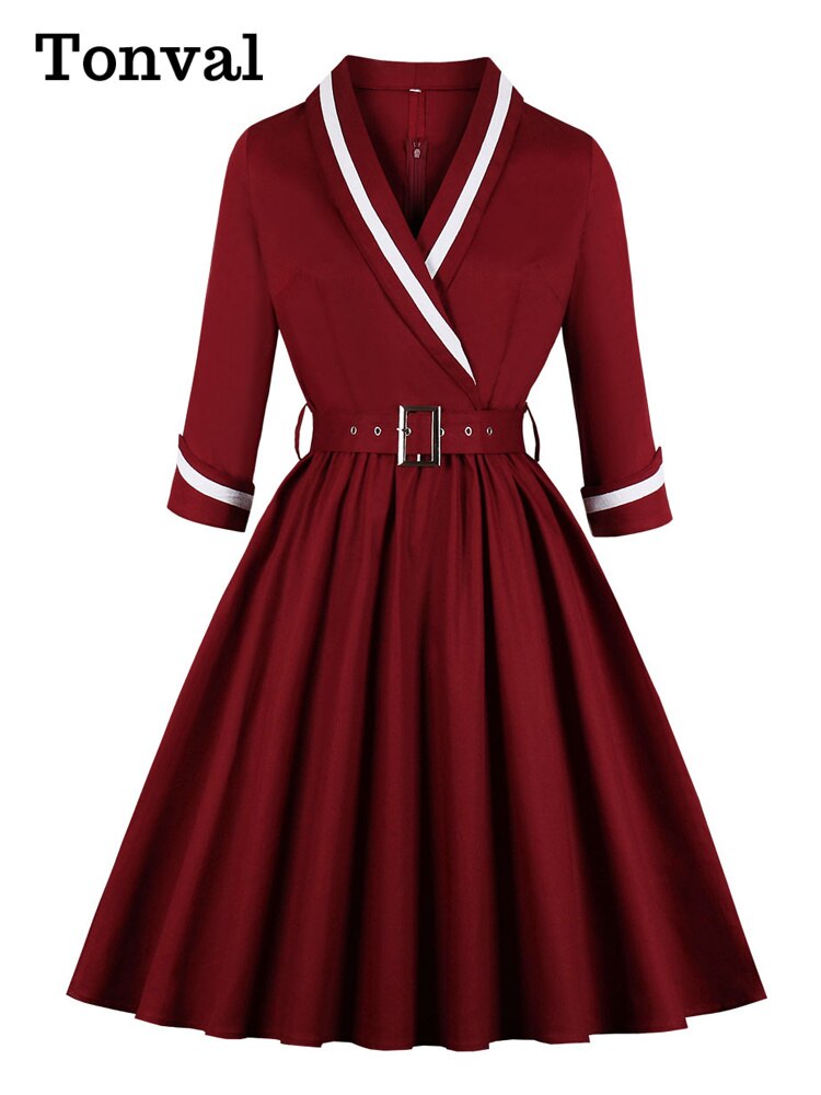 Tonval Vintage Style Wrap Belted Elegant Plissee Herbstkleid Damen 2022 Winter Robe Femme 3/4 Ärmel Baumwollkleider
