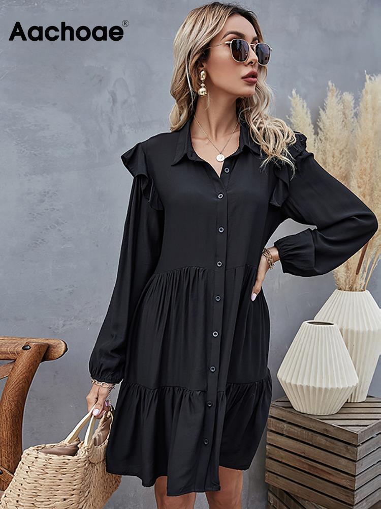 Aachoae Summer Autumn Women Black Dress Ruffles Long Sleeve Elegant Shirt Dress Loose Casual Pleated Mini Dress Sundress Robe