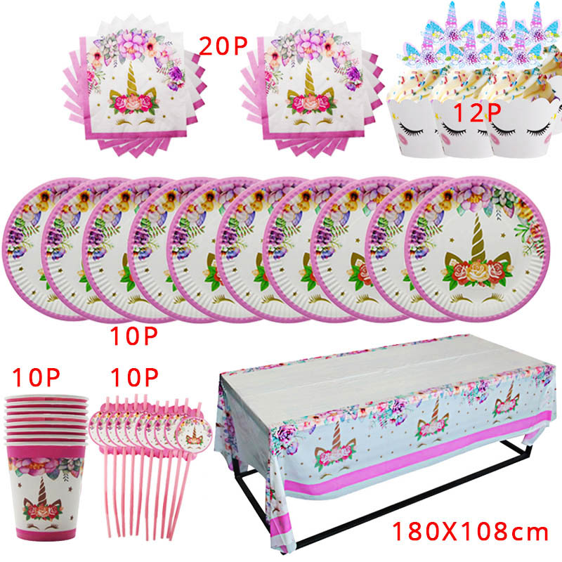 Unicorn Party Supplies Disposable Tableware Set Kids Birthday party Decoration Unicornio Decor Plates Cup Banner Baby Shower