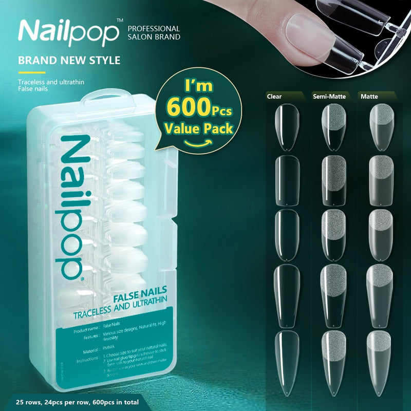 Nailpop 600 Stück PRO Kunstnägel Semi-Matt Almond Coffin Full/Half Acryl Quadratische Falsche Nagelspitzen für Verlängerungsspitze Maniküre-Werkzeug