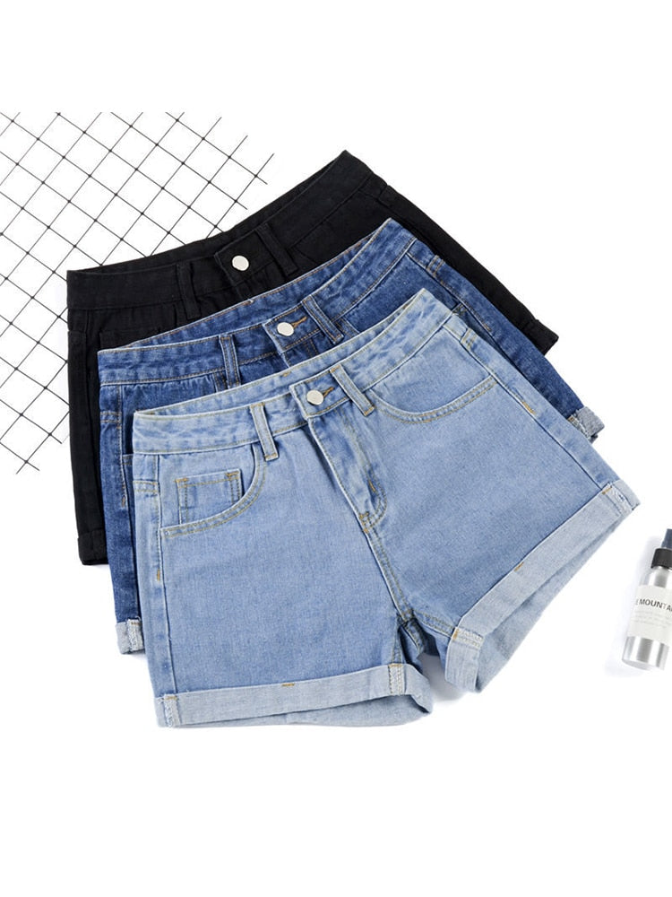 Ailegogo New Summer Women Wide Leg Classic High Waist Black Denim Shorts Casual Female Solid Color White Blue Loose Jeans Shorts