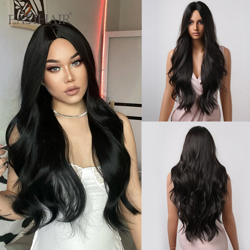 EASIHAIR largo ondulado marrón oscuro negro pelucas sintéticas parte media Natural pelucas de pelo para mujeres diario Cosplay fiesta resistente al calor