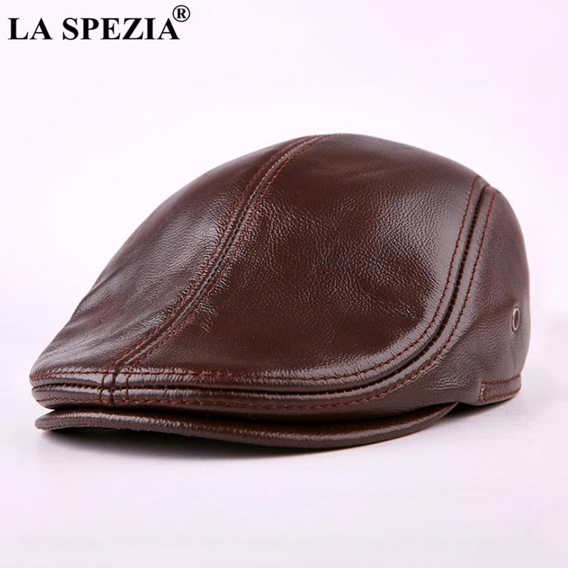 LA SPEZIA Classic Beret Caps Men Warm Genuine Leather Caps Ivy Windproof Duckbill Hat Burgundy Winter Luxury Brand Flat Hats