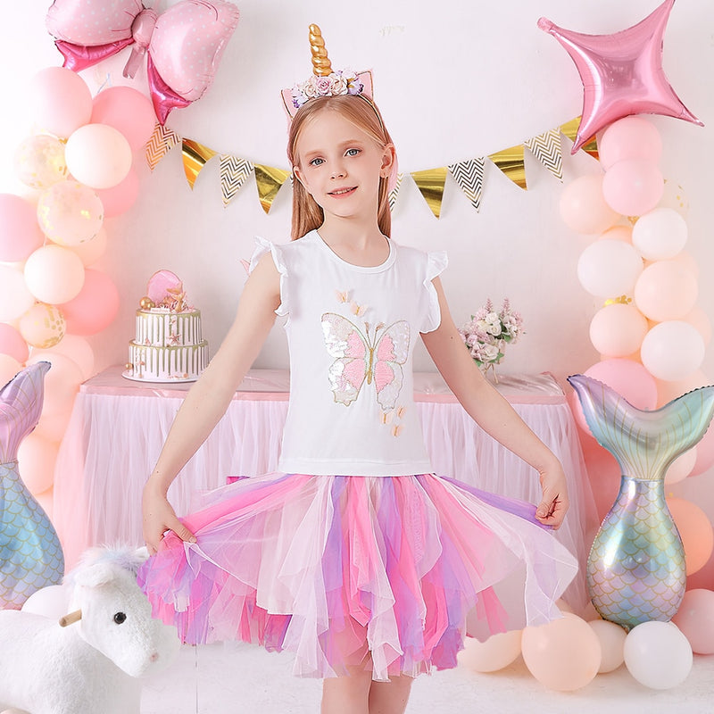 DXTON Girls Clothes for Summer Princess Dresses Kids Flare Sleeve Unicorn Print Dress Girls Party Dresses Children Clothing 3-8Y