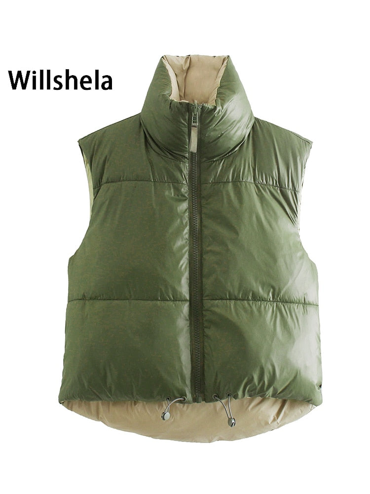 Willshela Women Reversible Gilet Jacket Sleeveless Puff Vest High Collar Fashion Casual Streetwear Woman Waistcoat Tops veste