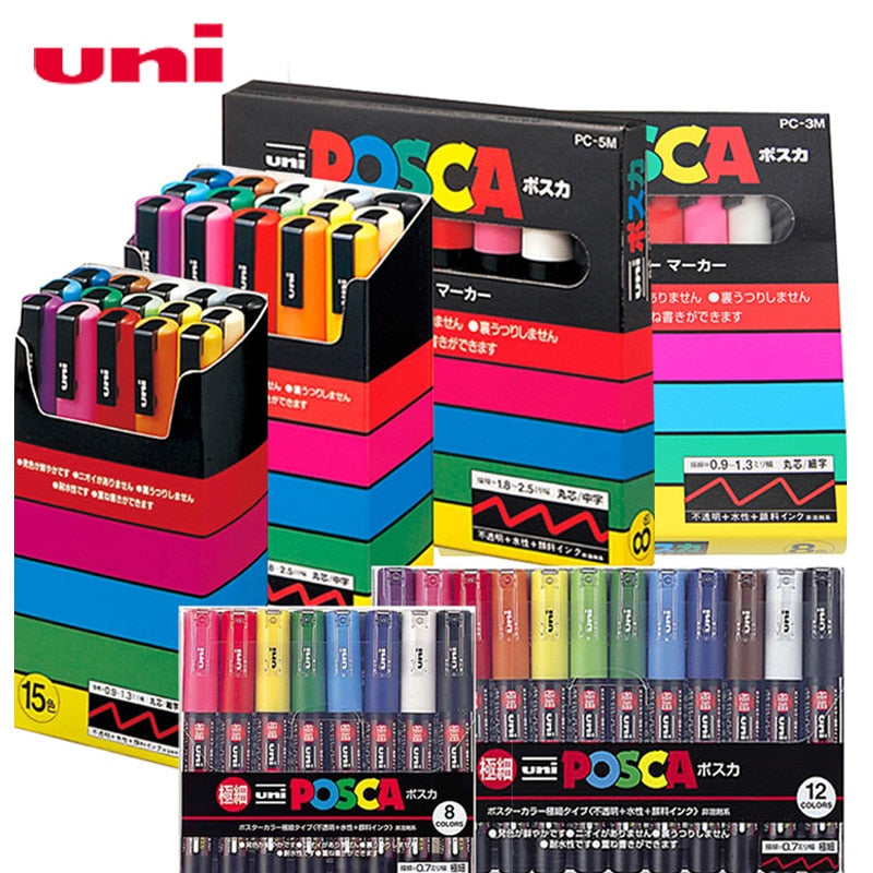 UNI POSCA Marker Pen PC-1M PC-3M PC-5M Set POP Poster Advertising Paint Pen Comic Painting Round Head Stationery Caneta Posca