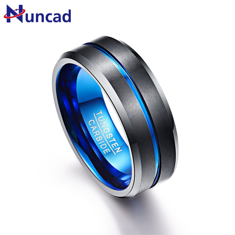 NUNCAD Anillo de ranura de carburo de tungsteno de 0.315 in para hombre, color azul y negro, acabado mate, borde biselado, alianza de boda