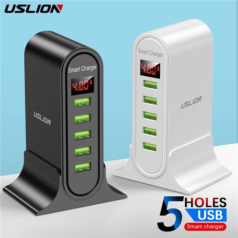 USLION 5-Port-USB-Ladegerät für Xiaomi LED-Display Multi-USB-Ladestation Universelles Telefon Desktop-Wand-Heim-EU-US-UK-Stecker