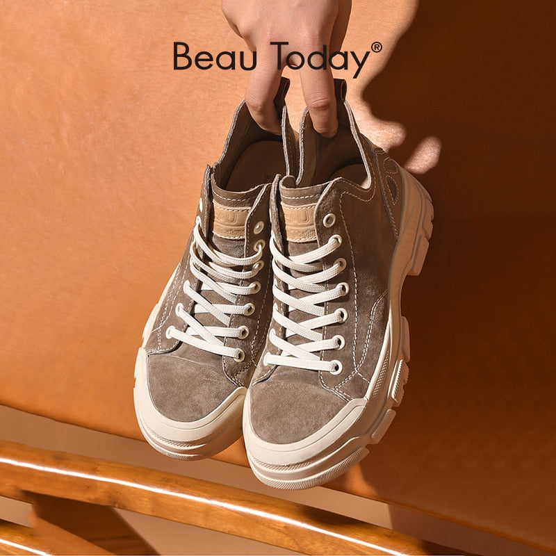 BeauToday Casual Sneakers Damen Wildleder Runde Zehe Lace-Free High Top Damen Retro Mode Flache Schuhe Handmade 29575