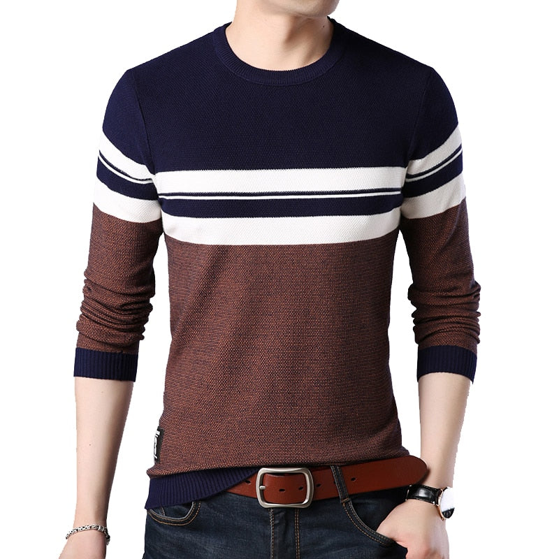 BROWON Brand 2022 Autumn Sweater Men O-neck Striped Knittwear Men Slim Sweaters Male Long Sleeve Social Business Clothes Men