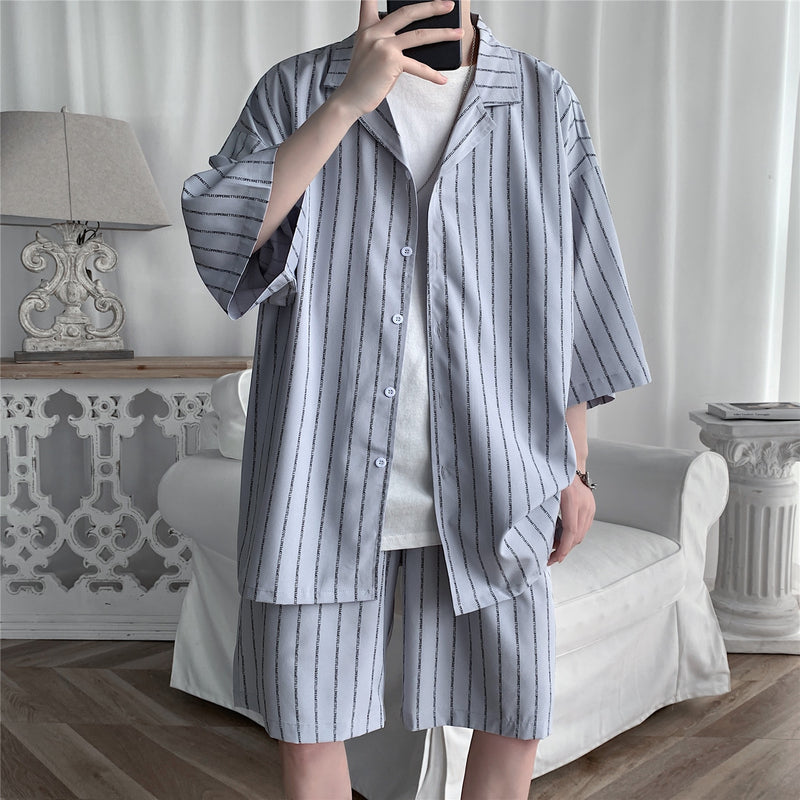 Summer Men Shorts Set Matching Shirts Letter Striped Lightweight Tracksuit Man Short Sleeve Elastic Waist Oversize Suit Clothing