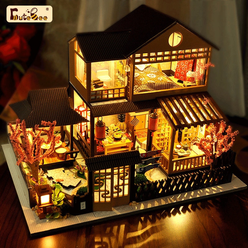 Cutebee DIY Dollhouse Kit Japanisches Gebäude Miniatur-Puppenhäuser aus Holz mit Möbel-LED-Leuchten für Kindergeburtstagsgeschenk