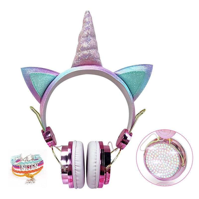 Cute Unicorn Headphones 3D Stereo Music Kids Headphones With Microphone Girls Cell Phone Children&
