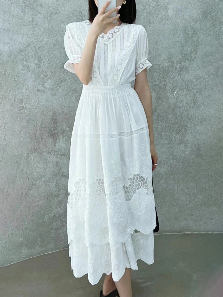 Jastie French White Dress Cotton Embroidered V-neck Elegant Ladies Dress Ruffle Hem Chic Autumn Dress Retro Luxury Brand Dress