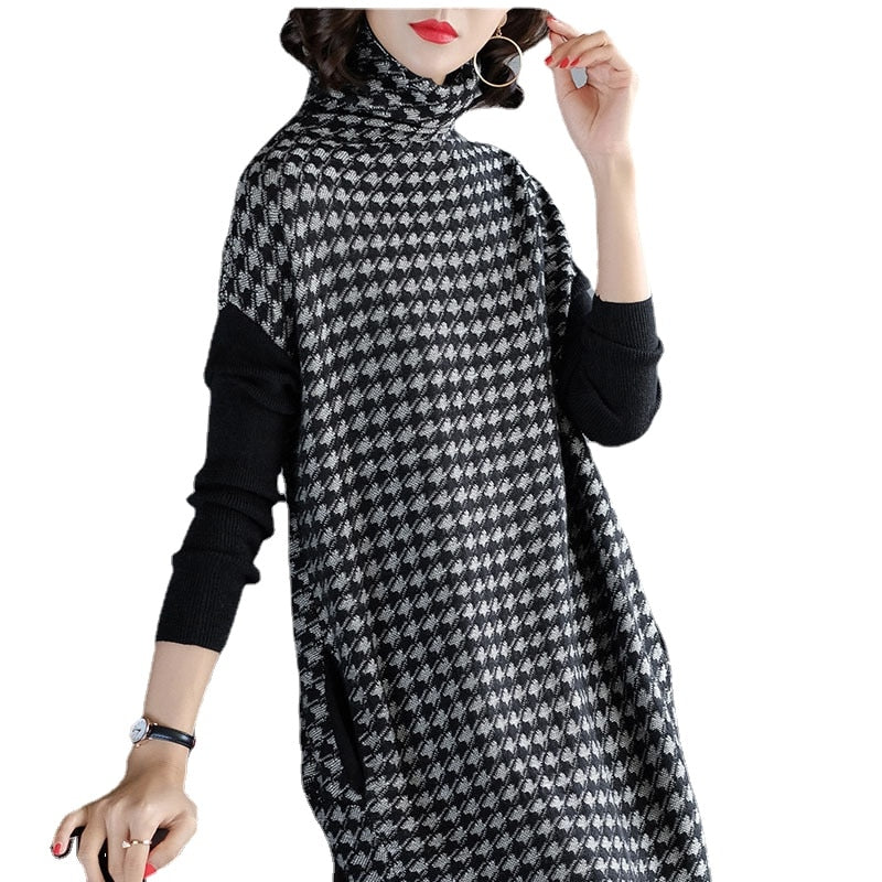 Women Black Houndstooth Knitting Stretch Sweater Dress Winter Female Dresses Vestido Clothing Robes