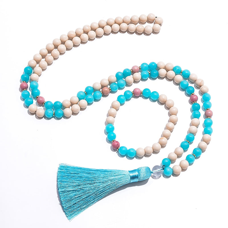 8mm White Fossil Aquamarine Beads108 Mala Necklace Bracelet Japamala Set Meditation Yoga Prayer Jewelry Tassel Rosary for Women