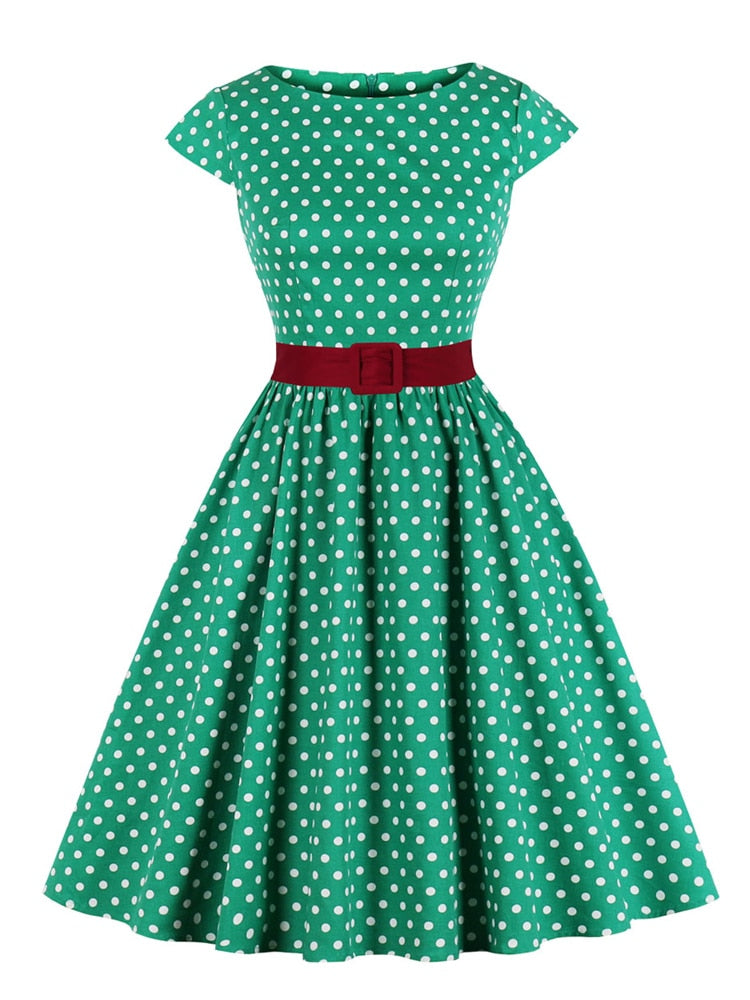 Tonval Green Retro Polka Dot 1950s Rockabilly Pleated Belted Dress Cap Sleeve Summer Women High Waist Vintage Dresses