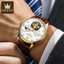 OLEVS, relojes mecánicos clásicos para hombre, reloj automático Tourbillon, reloj de pulsera militar resistente al agua de cuero genuino