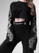 InsGoth, Top corto negro con capucha para mujer, sudadera gótica Punk Grunge con estampado de dragón Harajuku, sudadera holgada, jersey para mujer