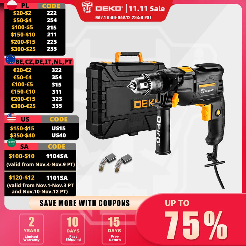 DEKO 220V Electric Screwdriver 2 Functions Electric Rotary Hammer Drill Power Tools Electric Tools(DKIDZ Series)